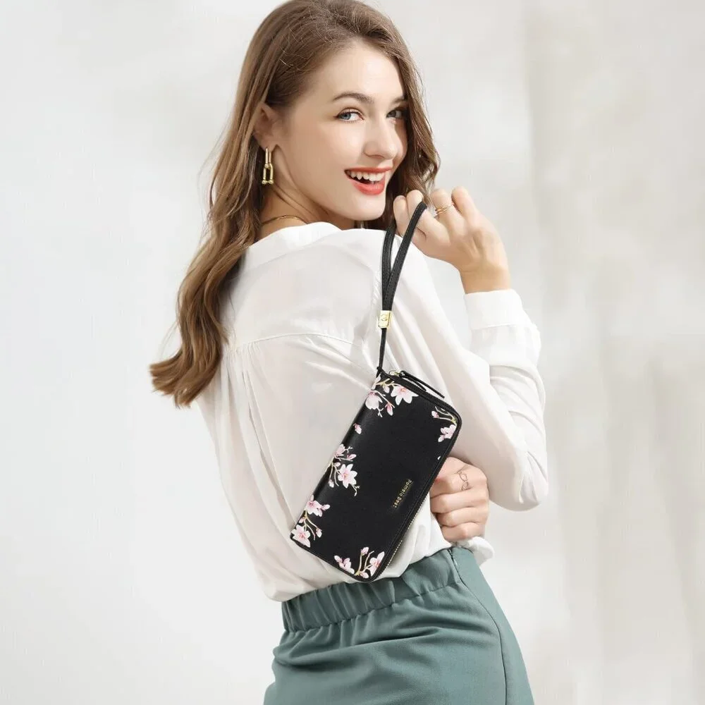 Women's RFID Blocking Leather Wallet Large Capacity Zip Around Wristlet Purse